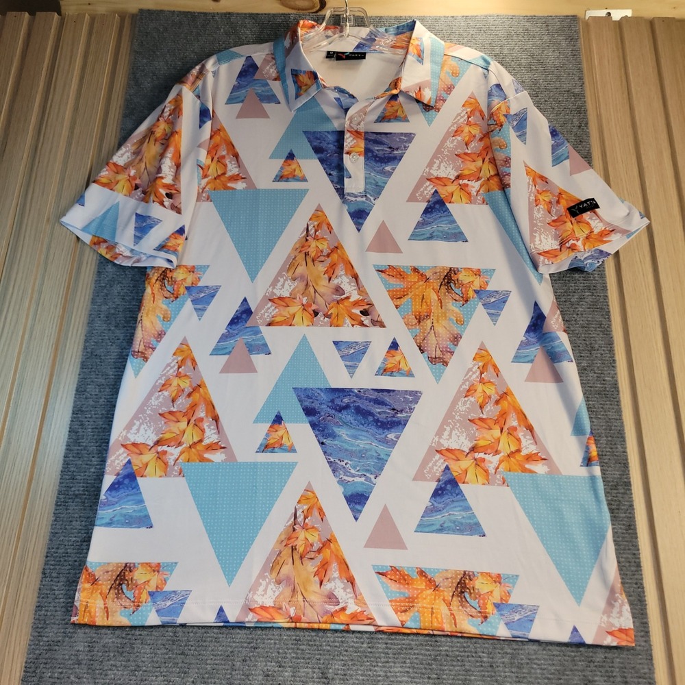 Yatta Golf Polo Shirt Mens Medium Multicolor Geometric Leaf Print Performance EX